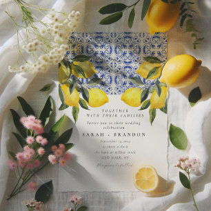 Watercolor Lemon  Blue tile Mediterranean Wedding Invitation