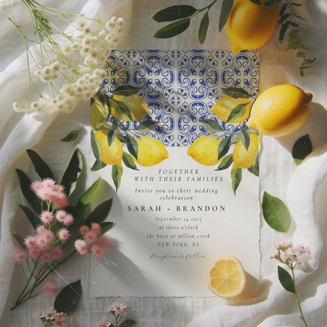 Watercolor Lemon  Blue tile Mediterranean Wedding Invitation (Creator Uploaded)