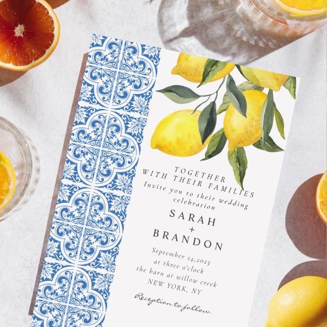 Watercolor Lemon Blue tile Mediterranean Wedding Invitation (Creator Uploaded)