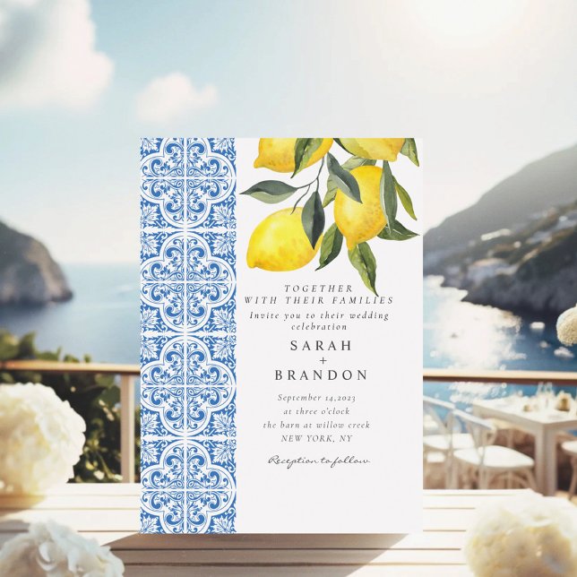 Watercolor Lemon Blue tile Mediterranean Wedding Invitation (Creator Uploaded)