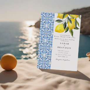 Watercolor Lemon Blue tile Mediterranean Wedding Invitation