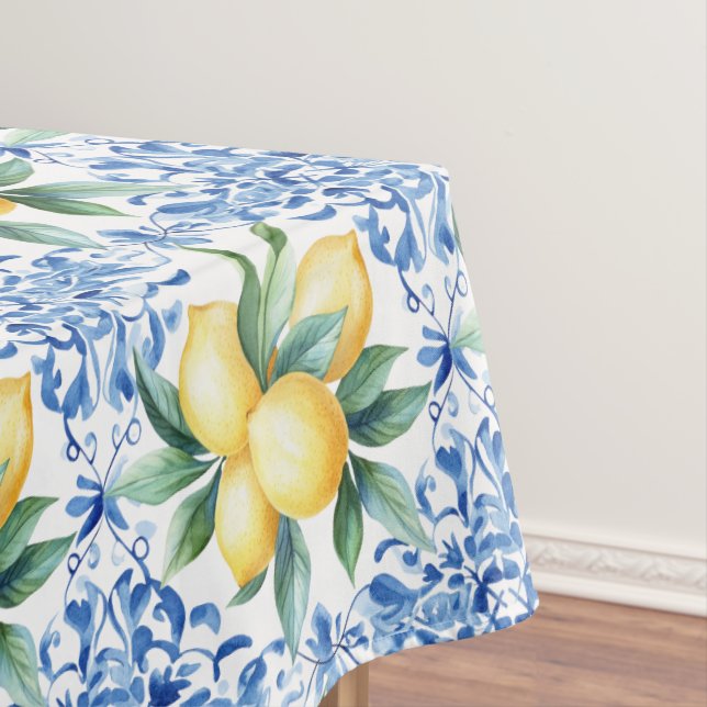 Watercolor Lemon Blue Tile Tablecloth (In Situ)