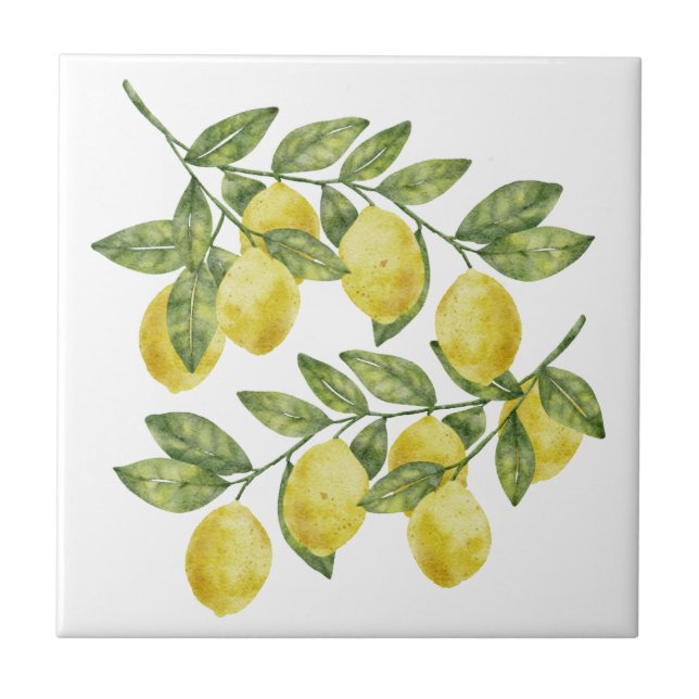 Watercolor Lemon Branches – Summer Botanical Art Tile (Front)