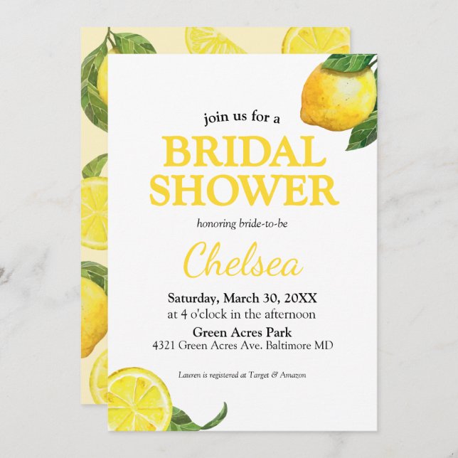 Watercolor Lemon Bridal Shower Invitation (Front/Back)
