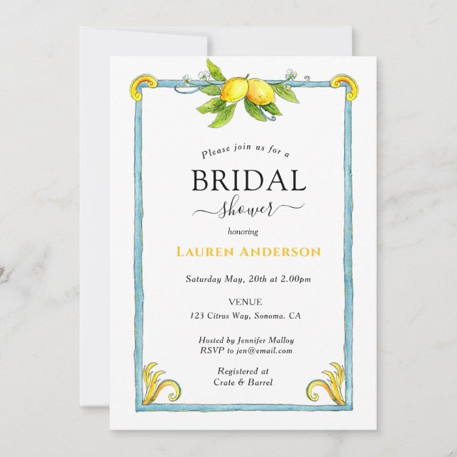 Watercolor Lemon Bridal shower invitation (Front)
