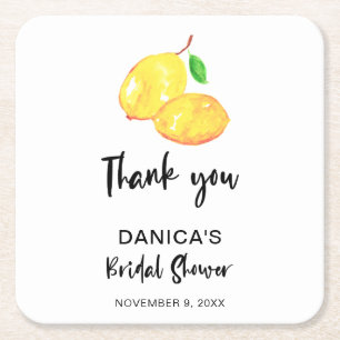 Watercolor Lemon Bridal Shower thank you simple   Square Paper Coaster