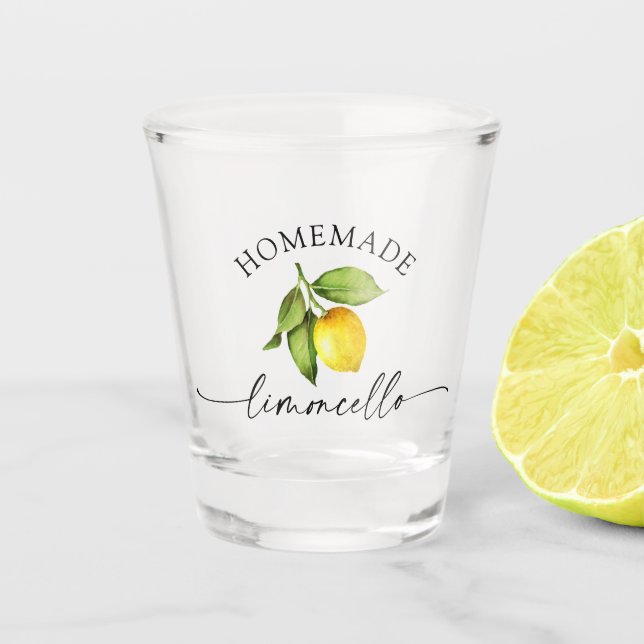 Watercolor Lemon Calligraphy Homemade Limoncello Shot Glass (Front)