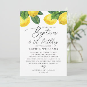 Watercolor lemon citrus. Baptism 1st birthday Invitation