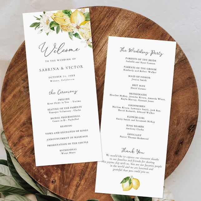 Watercolor Lemon Citrus Greenery Floral Wedding Programme (Creator Uploaded)