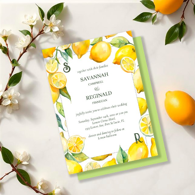Watercolor Lemon Citrus Modern Monogram Wedding Invitation (Creator Uploaded)