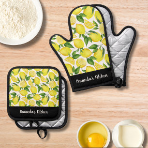 Watercolor Lemon Citrus Personalised Gift Kitchen Oven Mitt & Pot Holder Set