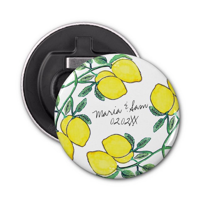 Watercolor Lemon Citrus Script Wedding    Bottle Opener (Front)