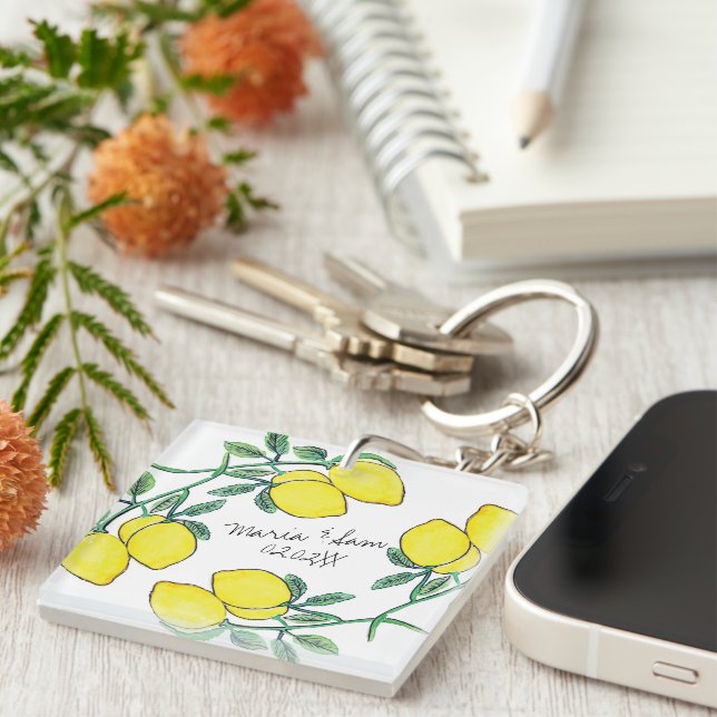Watercolor Lemon Citrus Script Wedding   Key Ring (Front Right)