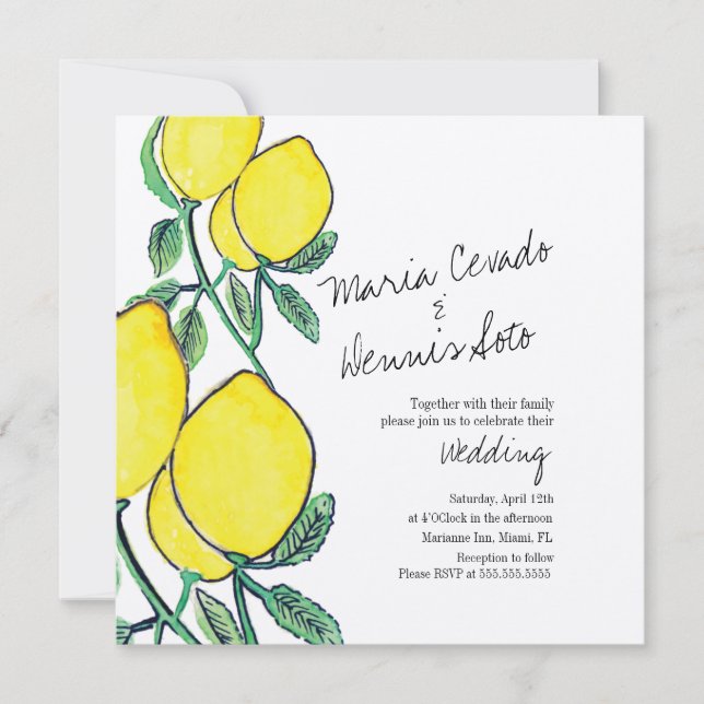 Watercolor Lemon Citrus Script Wedding Kraft Invitation (Front)