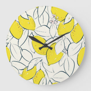 Watercolor Lemon Citrus Seamless Pattern Large Clock