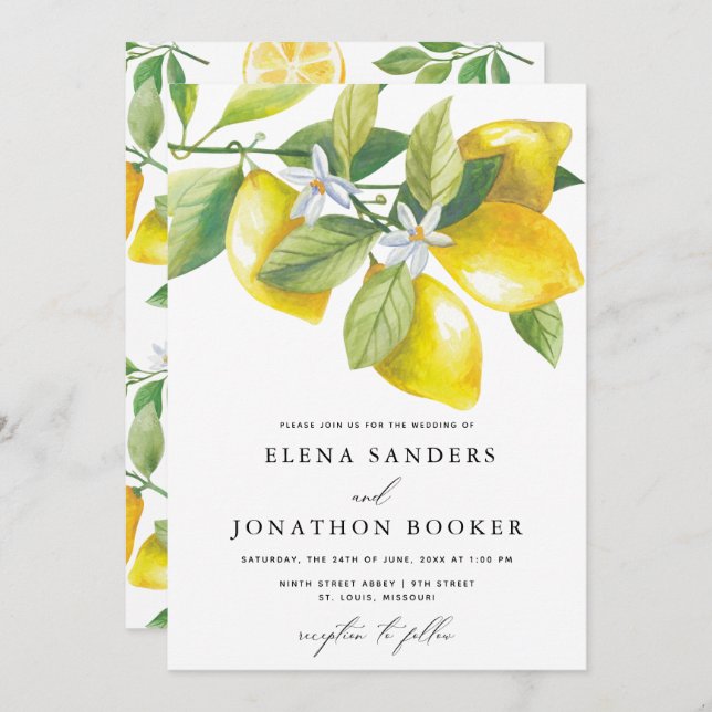 Watercolor Lemon Citrus Wedding Invitation (Front/Back)