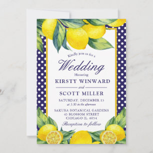 Watercolor Lemon Floral Blue Polka Dot Invitation