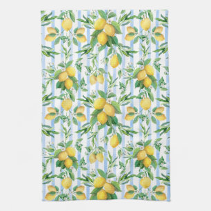 Watercolor Lemon Floral Blue White Stripe Cottage Tea Towel