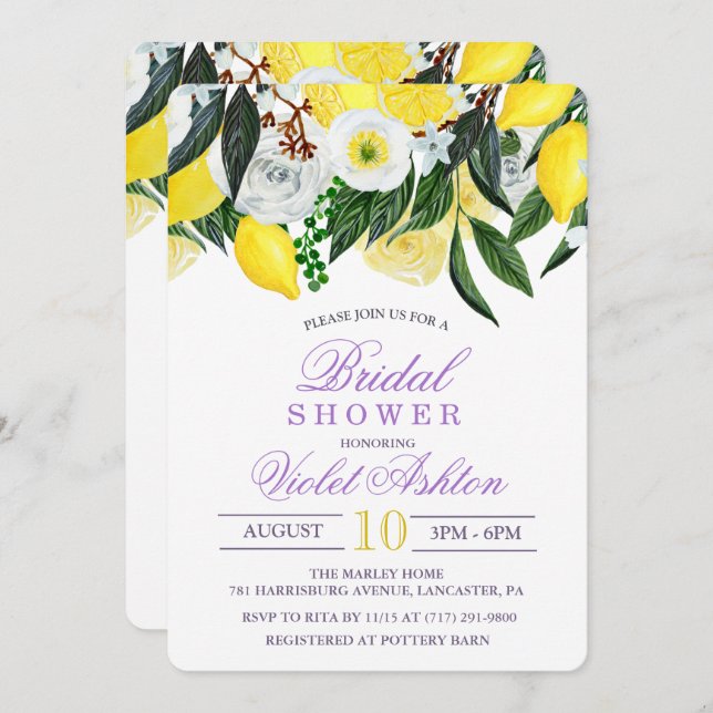 Watercolor Lemon Floral Bridal Shower Invitation (Front/Back)
