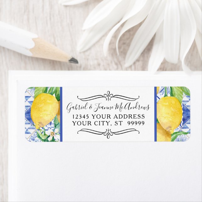 Watercolor Lemon Floral Greenery Wreath Blue White (Insitu)