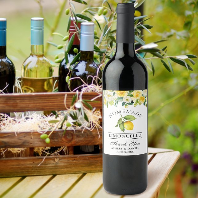 Watercolor Lemon Floral Limoncello Bottle Labels (Customize to change text size, color or text style.)