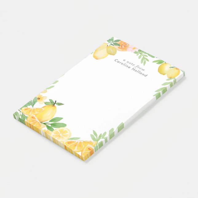 Watercolor Lemon Floral Personalised Stationery Post-it Notes (Angled)