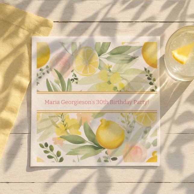 Watercolor Lemon Floral Themed Birthday Party Napkin (Creator Uploaded)