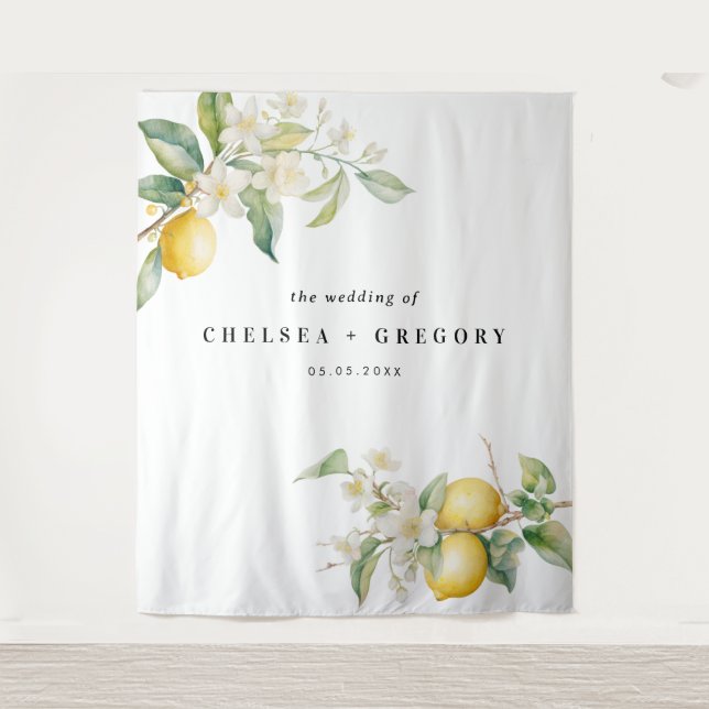 Watercolor Lemon Floral Wedding Backdrop Tapestry (Front)