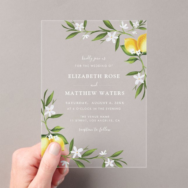 watercolor lemon foliage wedding acrylic invitations (Insitu (Handheld))