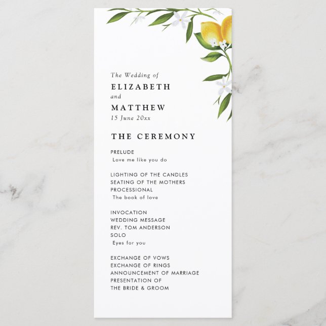Watercolor lemon foliage wedding program programme (Front)