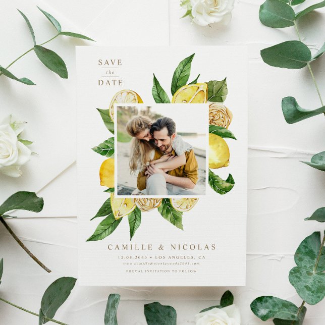 Watercolor Lemon Frame Botanical Photo Save The Date (Creator Uploaded)