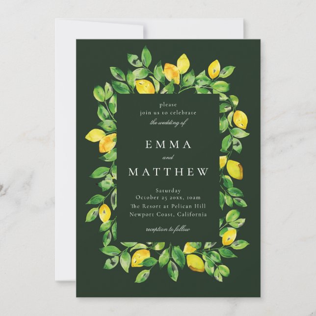 Watercolor Lemon Frame in Dark Background Invitation (Front)
