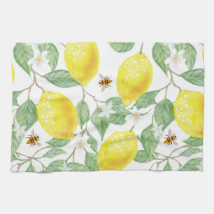 Watercolor Lemon Fruit, Lemon Blossom and Bees Tea Towel