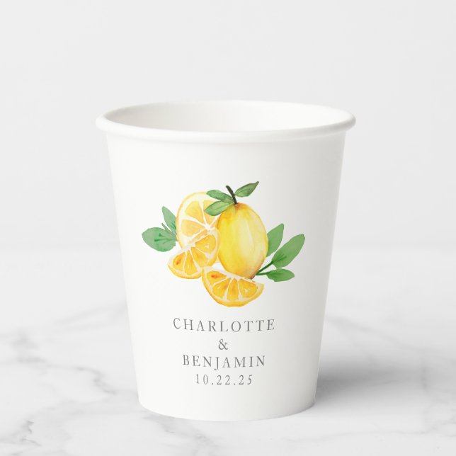 Watercolor Lemon Fruit Personalised Wedding Paper Cups (Front)