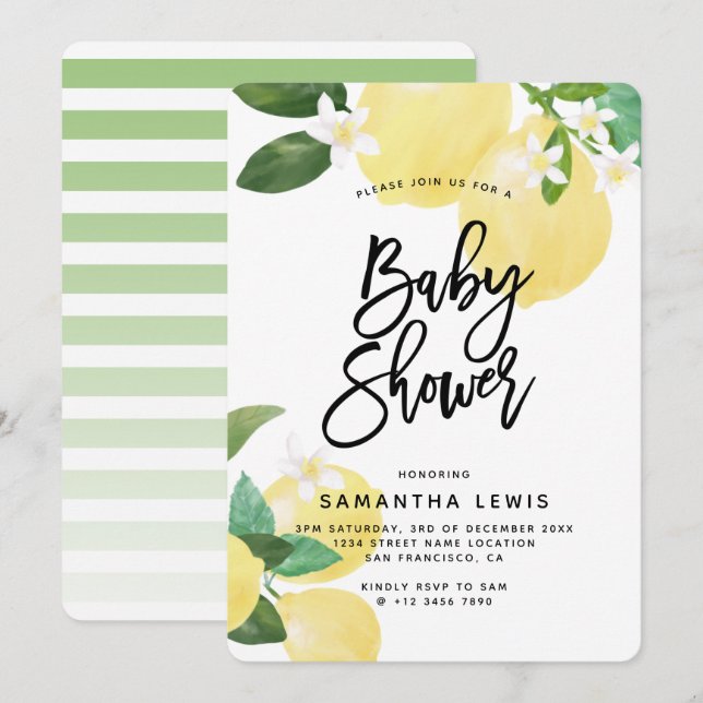 Watercolor Lemon Garden Baby Girl Shower Invitation (Front/Back)