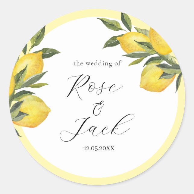 Watercolor Lemon Garden White Wedding Classic Round Sticker (Front)