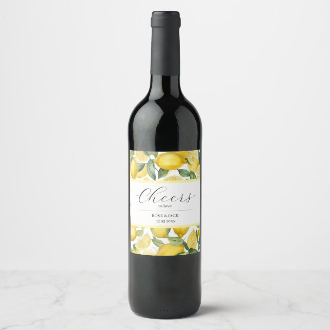 Watercolor Lemon Garden White Wedding Wine Label (Front)