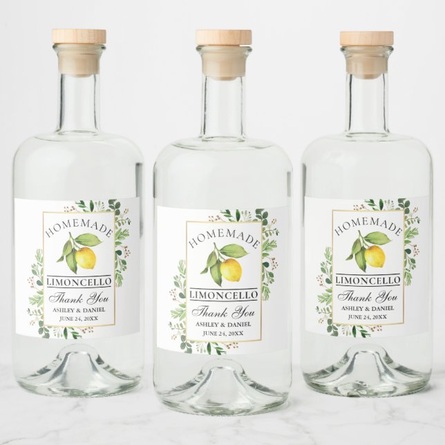 Watercolor Lemon Gold Limoncello Liquor Bottle Label (Bottles)