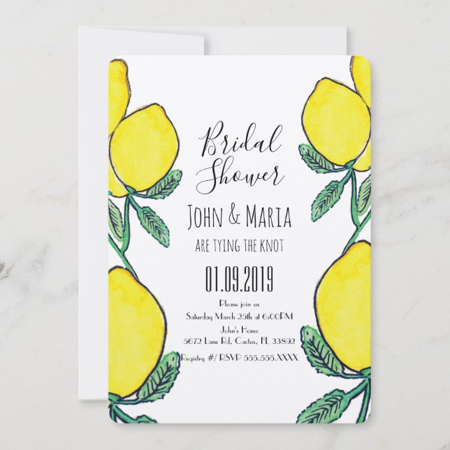Watercolor Lemon Green Hand Drawn Bridal Shower  Invitation (Front)
