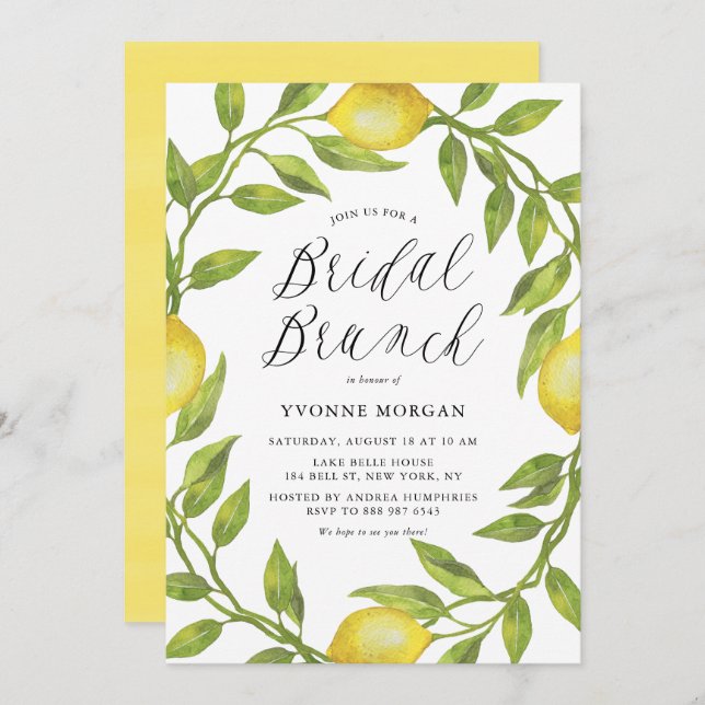 Watercolor Lemon Greenery Wreath Bridal Brunch Invitation (Front/Back)