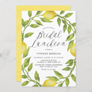 Watercolor Lemon Greenery Wreath Bridal Luncheon Invitation
