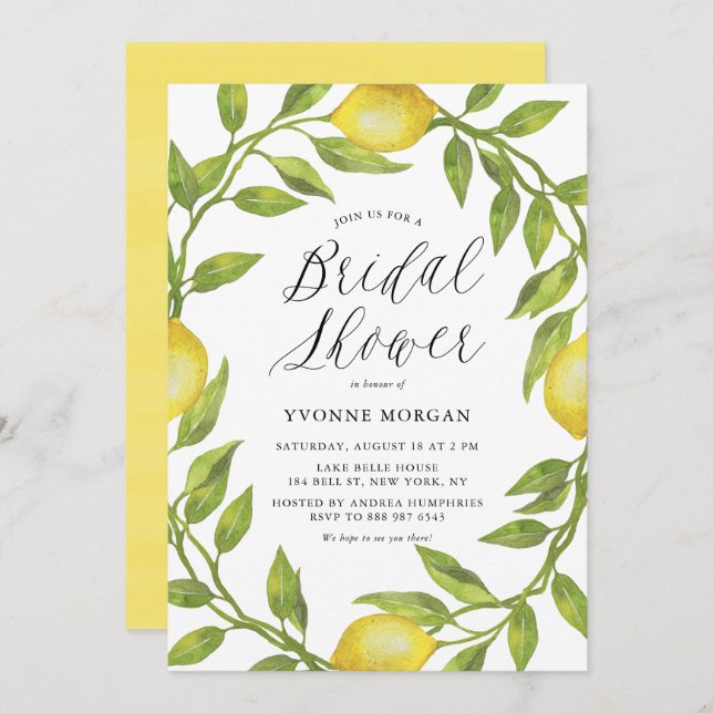 Watercolor Lemon Greenery Wreath Bridal Shower Invitation (Front/Back)