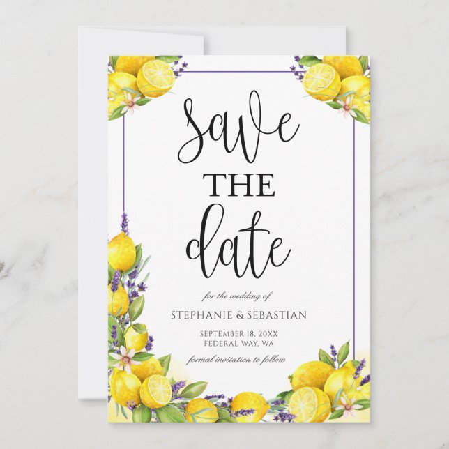 Watercolor Lemon Lavender Boho Wedding Save The Date (Front)