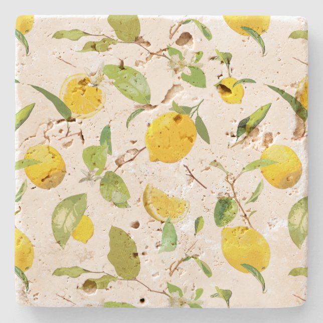 Watercolor Lemon & Leaves 2 Stone Coaster (Front)