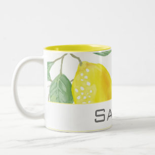 Watercolor Lemon Leaves White Yellow Monogram Two-Tone Coffee Mug