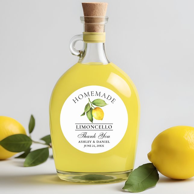 Watercolor Lemon Limoncello Wedding Thanks Classic Round Sticker (Customize to change text size, color or text style.)