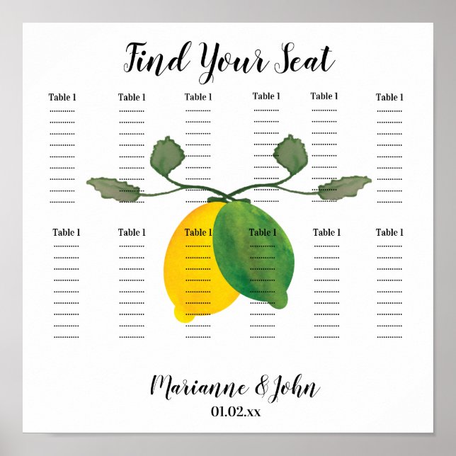 Watercolor Lemon Limoncillo Wedding Seating Chart (Front)