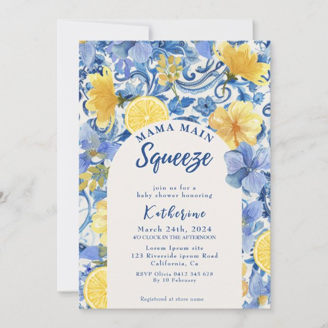 Watercolor lemon mama main squeeze bridal shower invitation (Front)