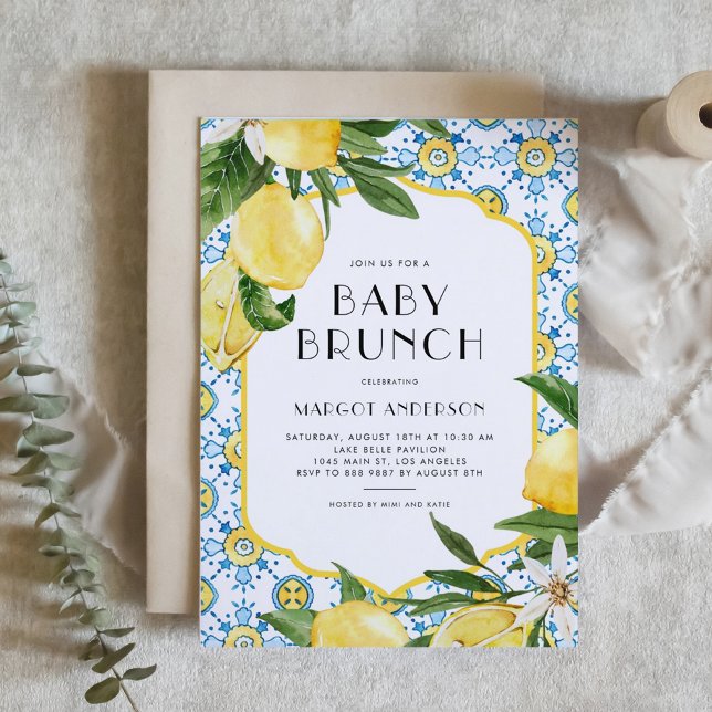 Watercolor Lemon Mediterranean Baby Shower Brunch Invitation (Mediterranean-inspired foil baby brunch invitation featuring watercolor tile pattern and lemons. )