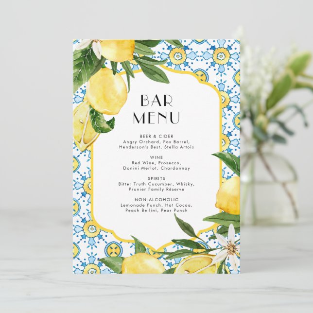 Watercolor Lemon Mediterranean Bar Menu Card (Standing Front)